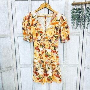 Brazilian Blue Steel Puff Sleeve Open Back Dress Tropical Print Women Size XS US